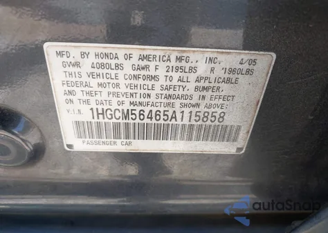 2005 Honda Accord 2.4 Lx from USA, damaged, VIN 1HGCM56465A115858